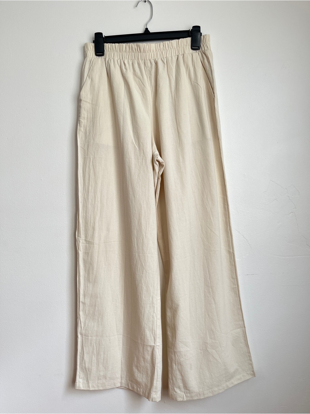 Lomon Women’s Cream Elastic-Waist Wide-Leg Pants S Cotton linen light Pockets